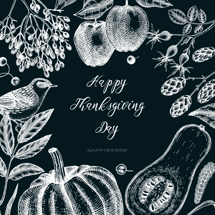 Sketched autumn card design on chalkboard . Vintage botanical frame with autumn leaves, pumpkins, berries, bird drawings. Fall plants invitation or banner. Thanksgiving day sketched illustration.